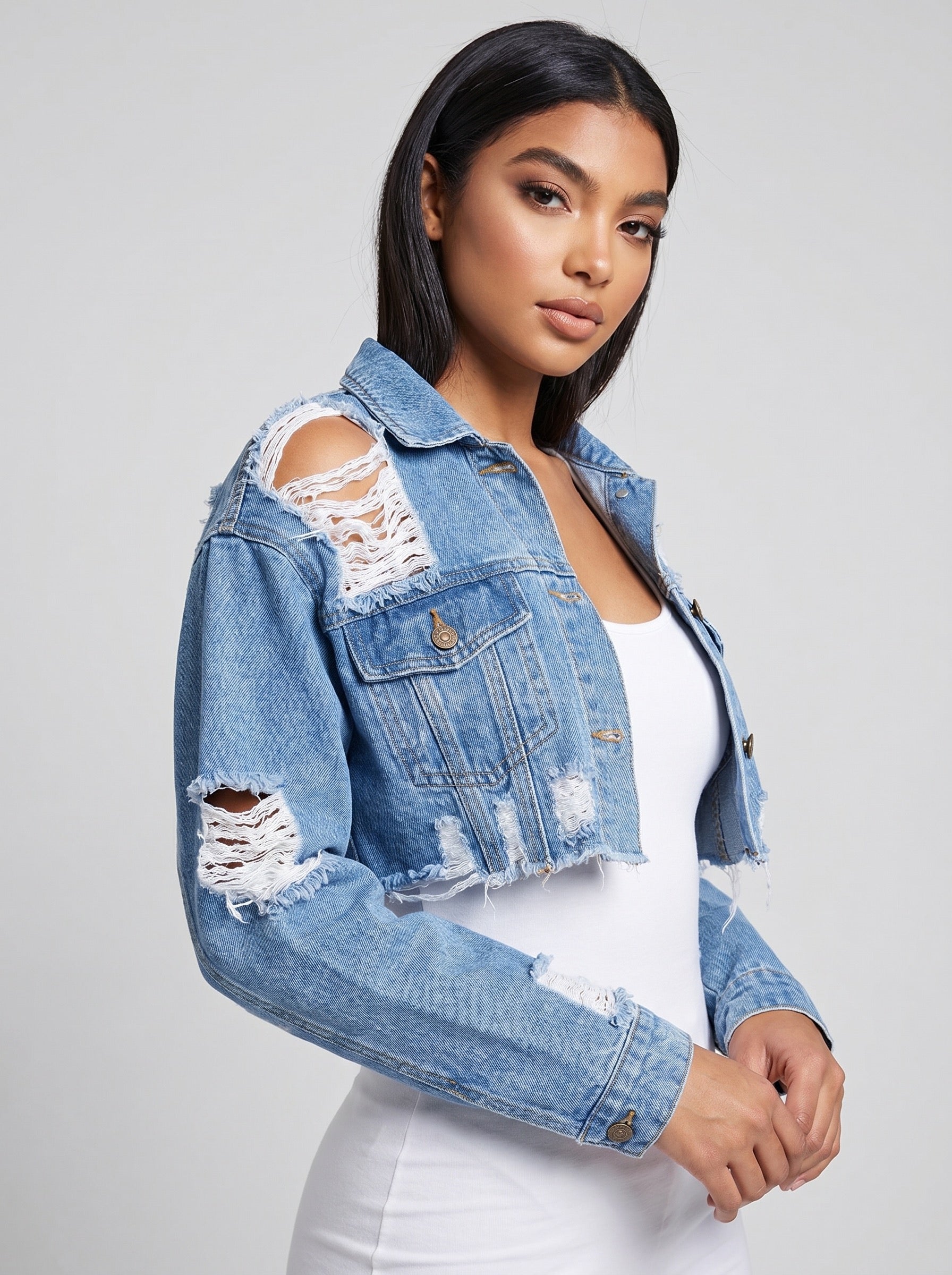 Nadia Cropped Denim Jacket on model