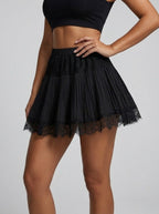 Natalina High Waist Pleated Lace Mini Skirt on model