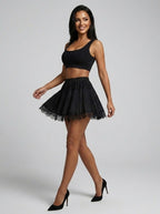 Natalina High Waist Pleated Lace Mini Skirt on model