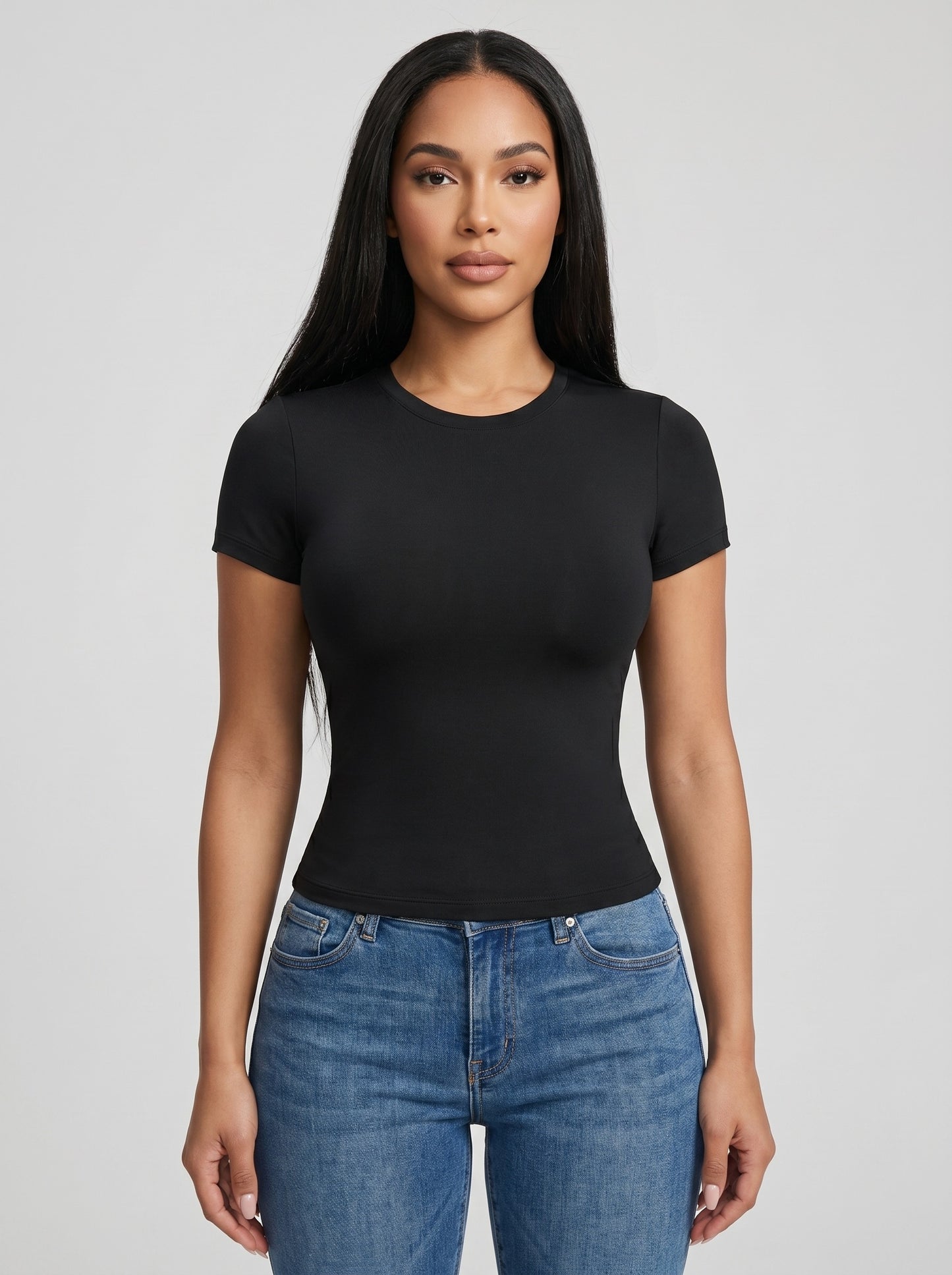 Nina Second-Skin Fitted Crew Tee on model