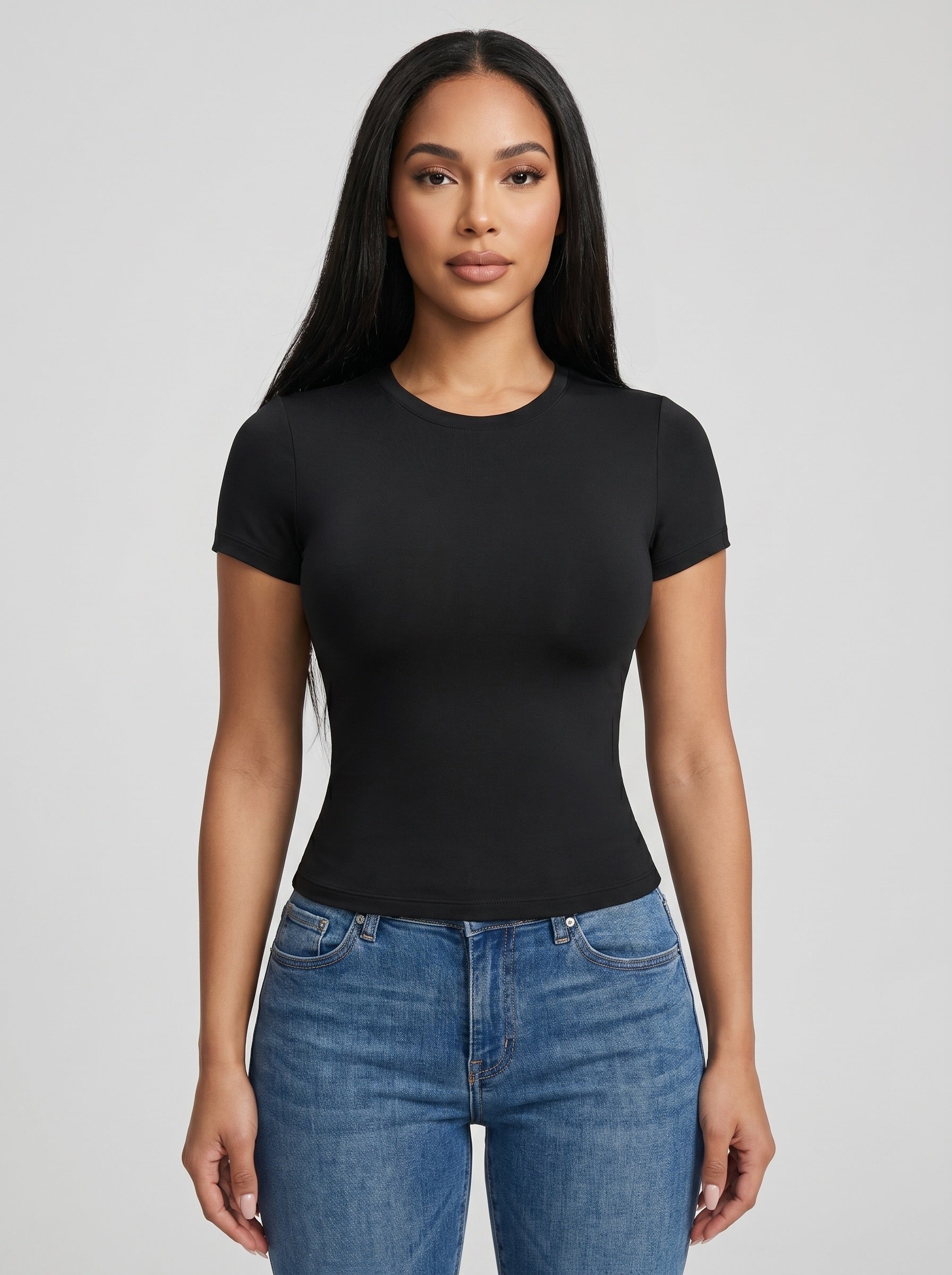 Nina Second-Skin Fitted Crew Tee on model