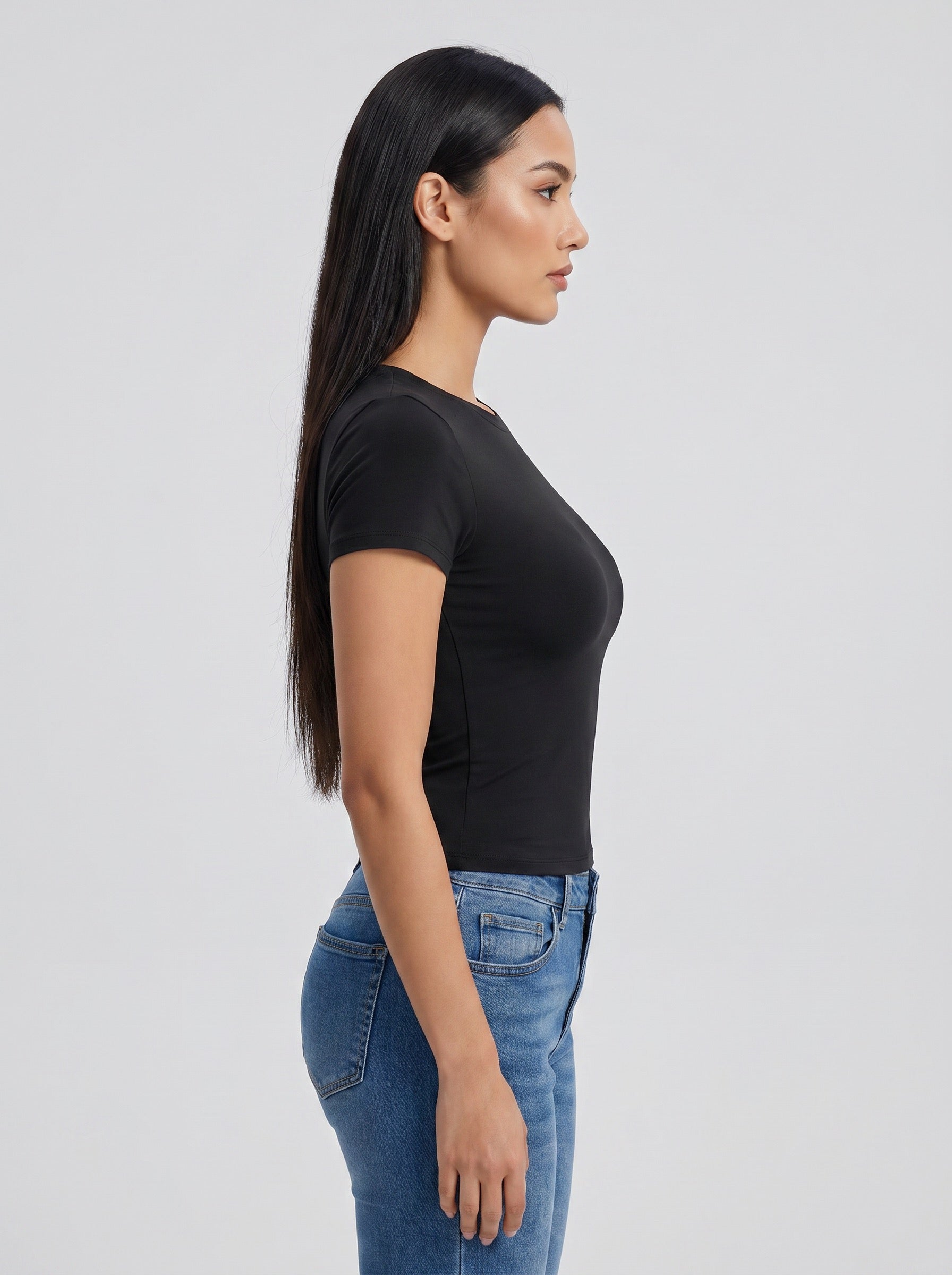 Nina Second-Skin Fitted Crew Tee on model