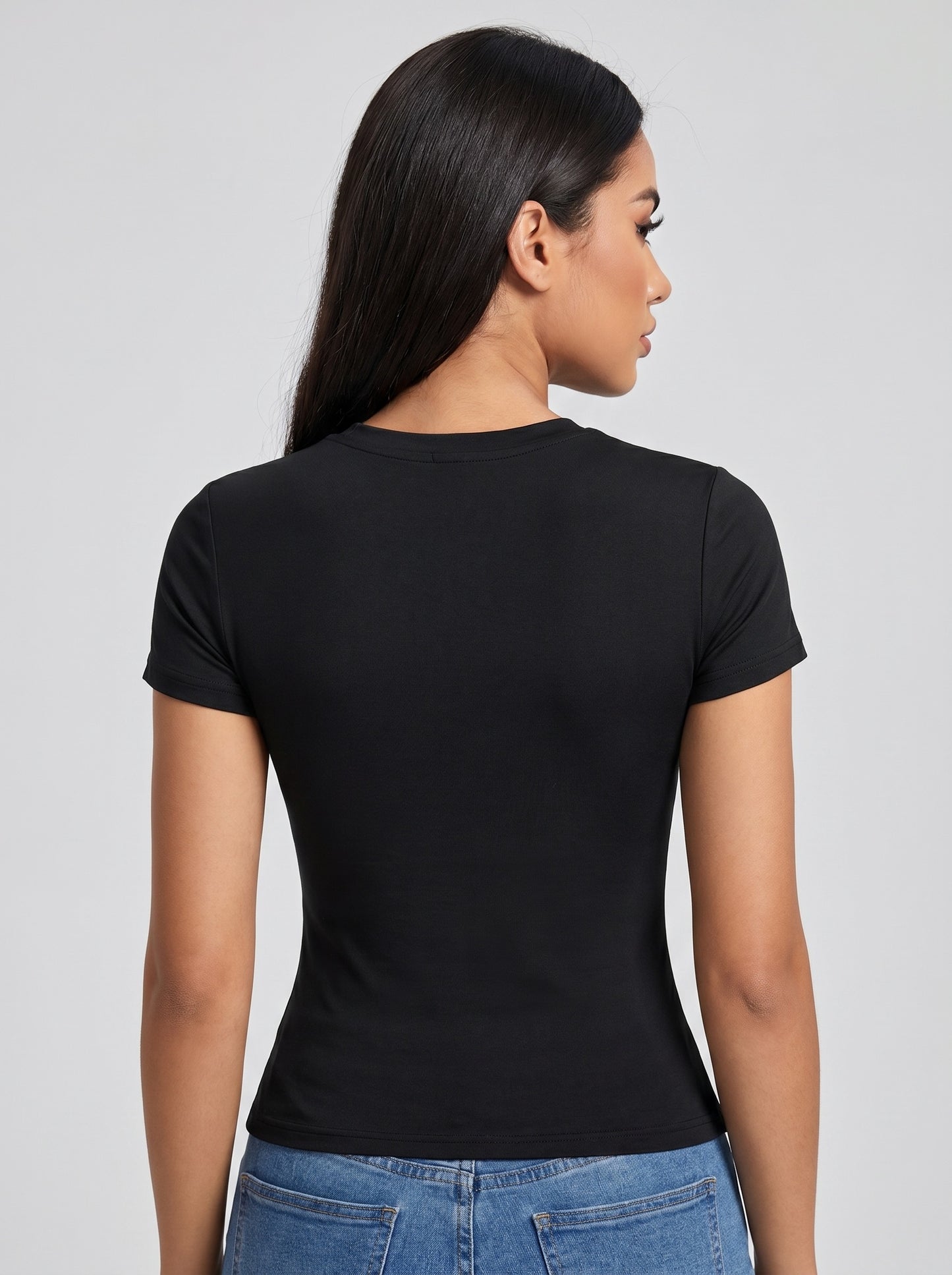 Nina Second-Skin Fitted Crew Tee on model