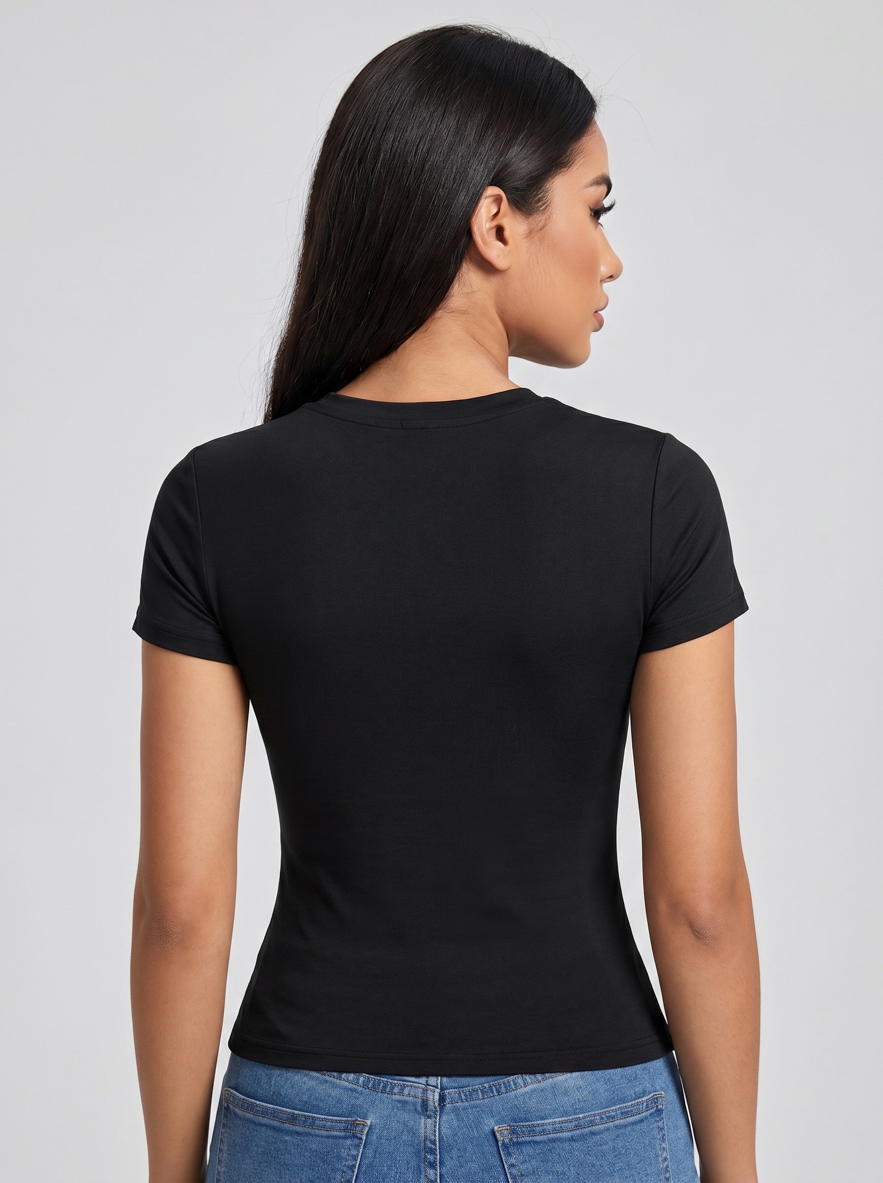 Nina Second-Skin Fitted Crew Tee on model