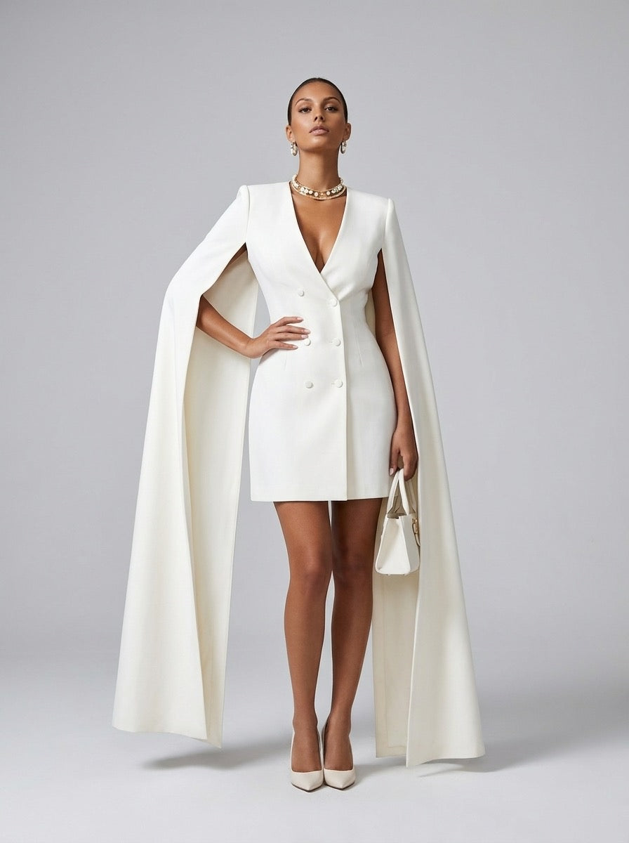 Norma Cape-Sleeve Tuxedo Blazer Mini Dress on model
