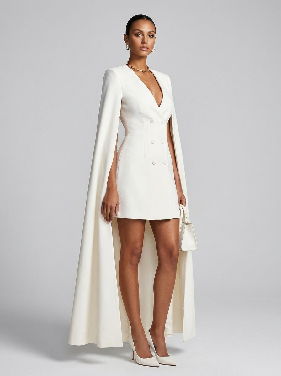 Norma Cape-Sleeve Tuxedo Blazer Mini Dress on model