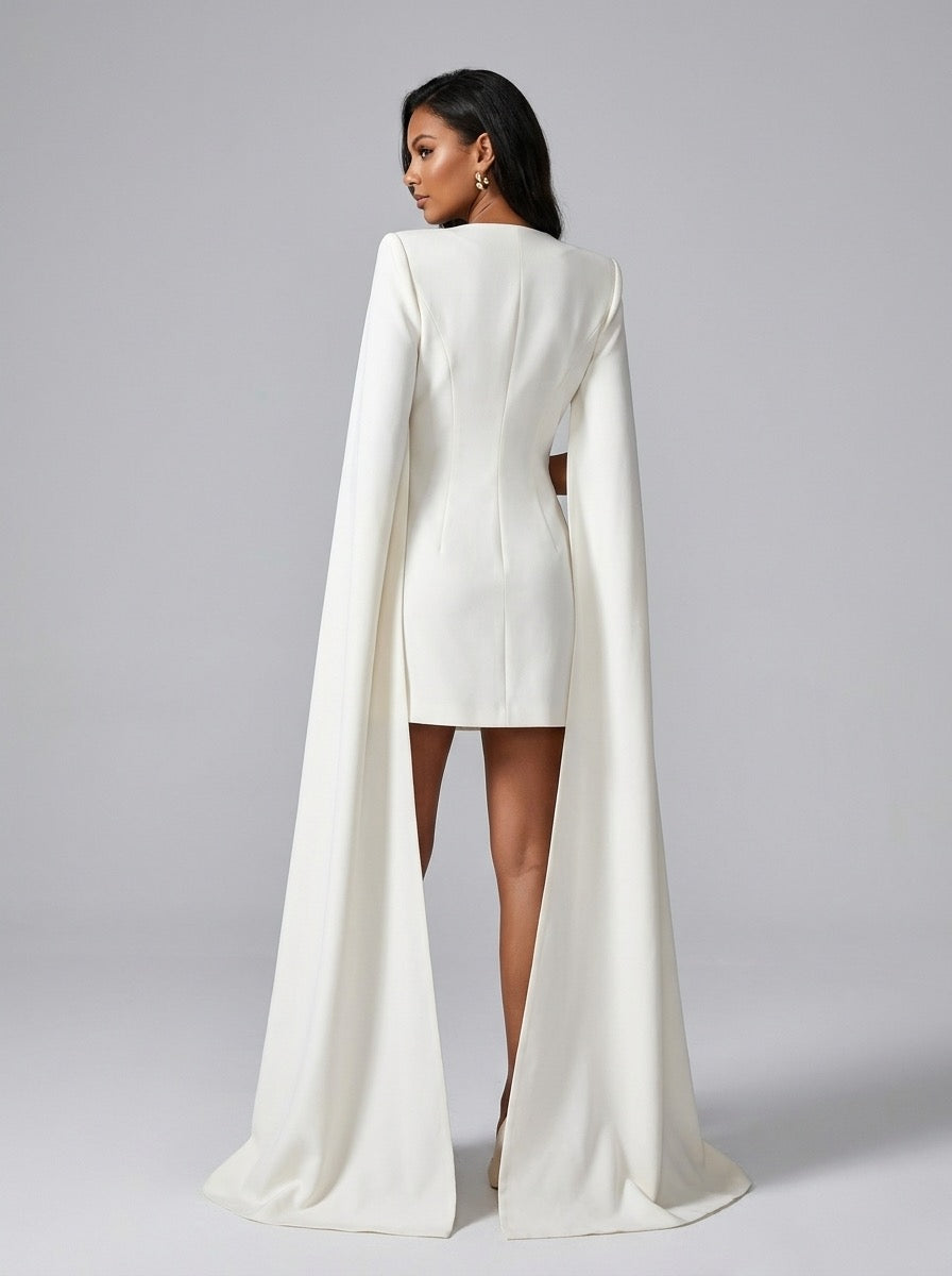 Norma Cape-Sleeve Tuxedo Blazer Mini Dress on model
