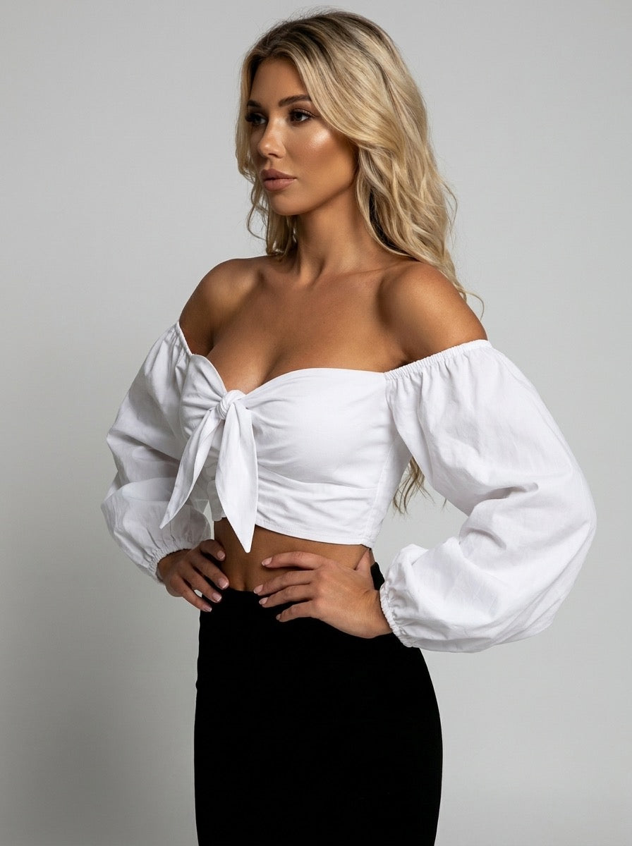 Lucinda Off-Shoulder Puff-Sleeve Bow Crop Top on model