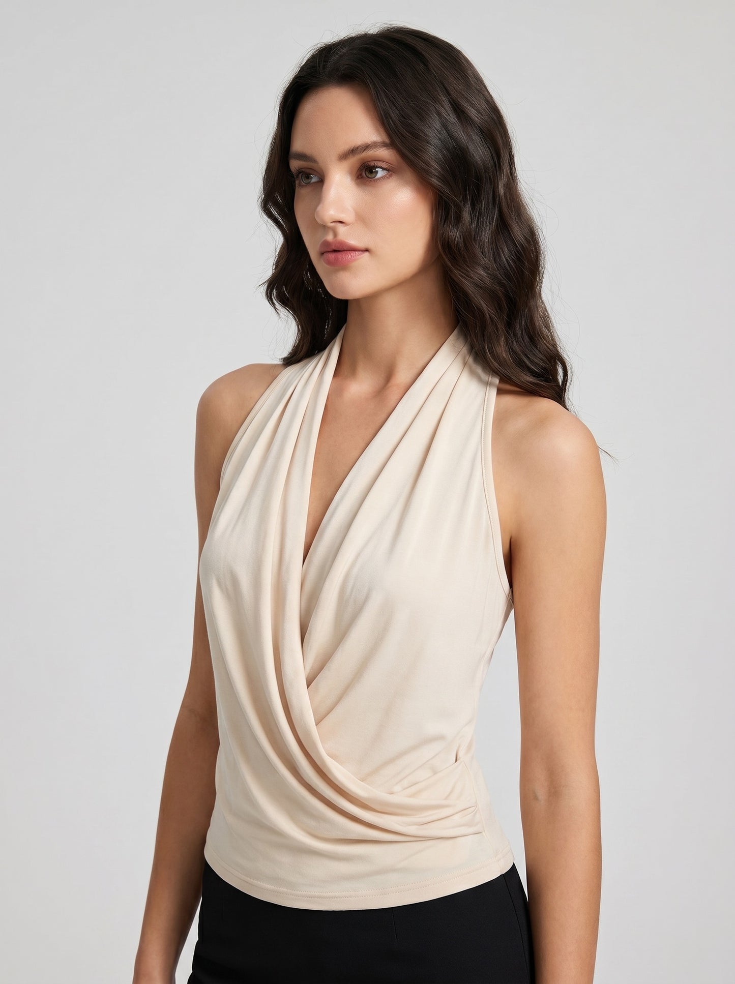 Olimpia Halter Cowl Top on model