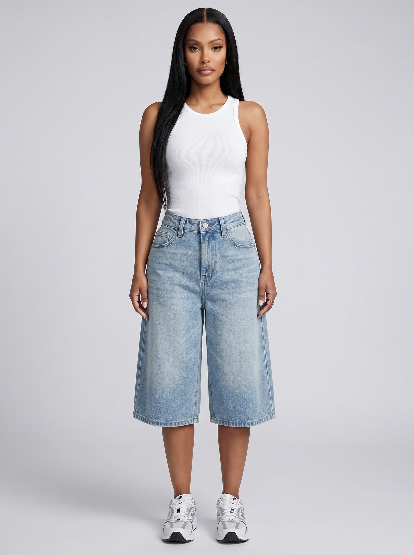 Penelope Denim Jorts on model
