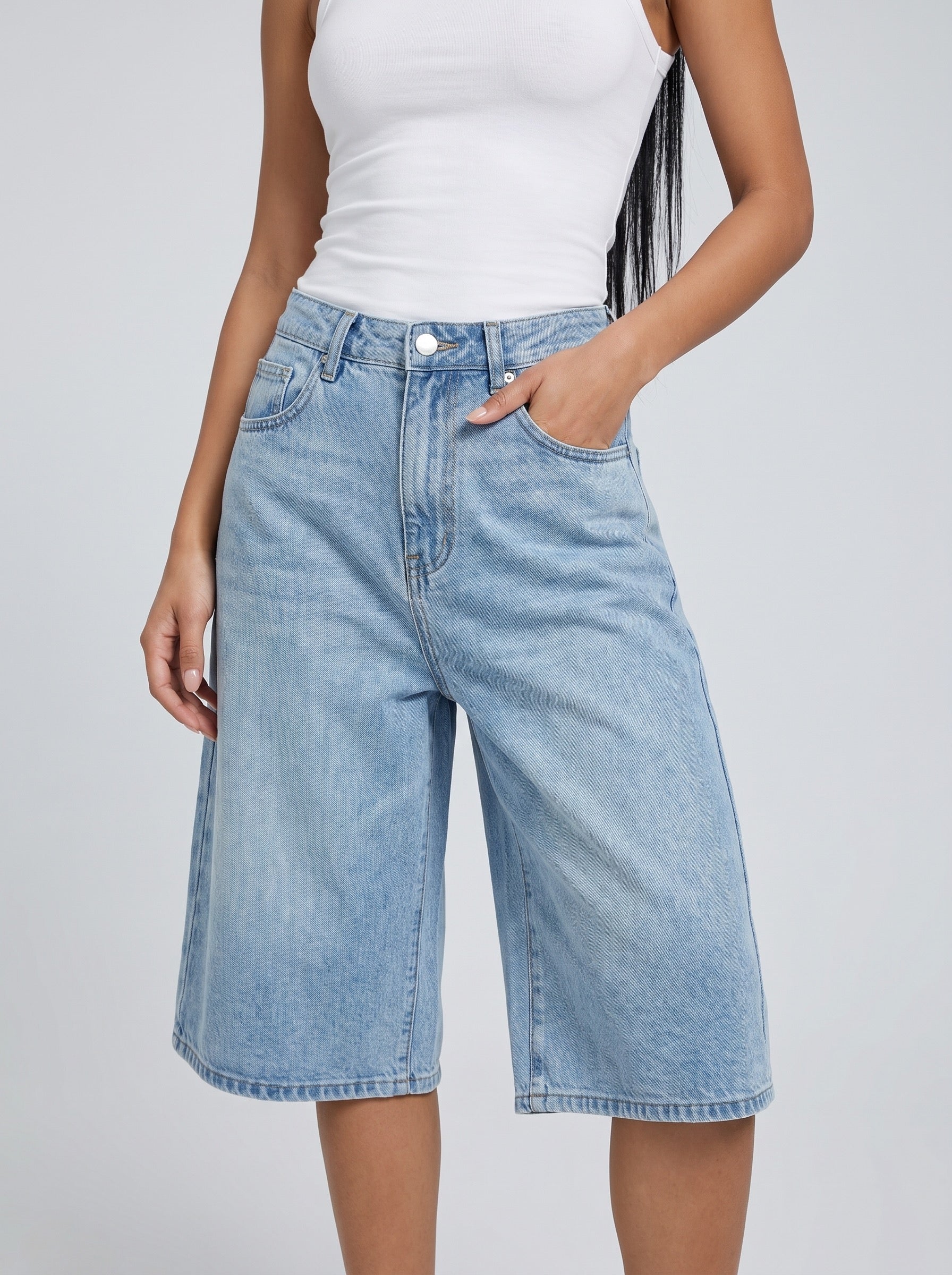 Penelope Denim Jorts on model