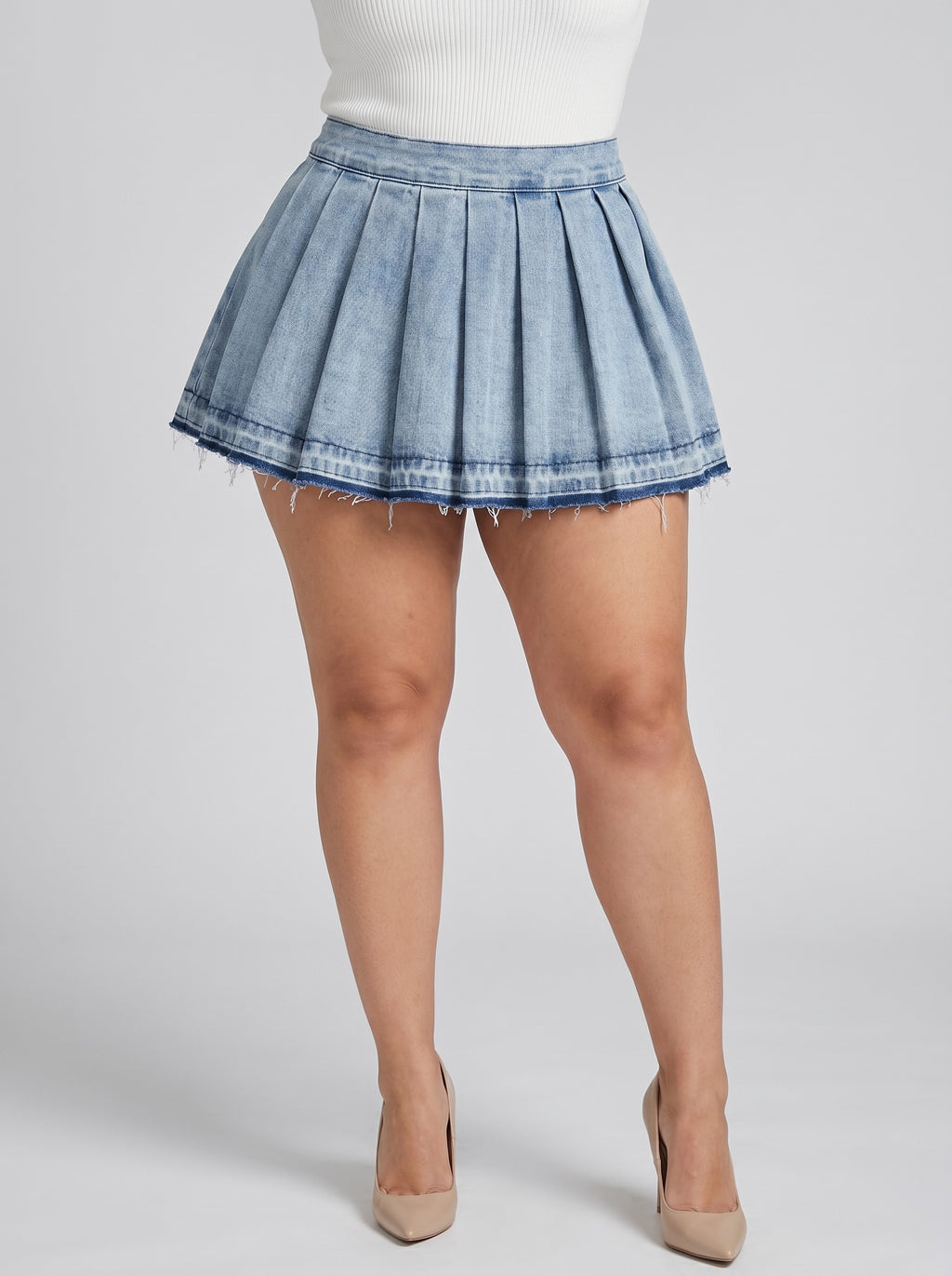 Pia Pleated Denim Mini Skirt on model