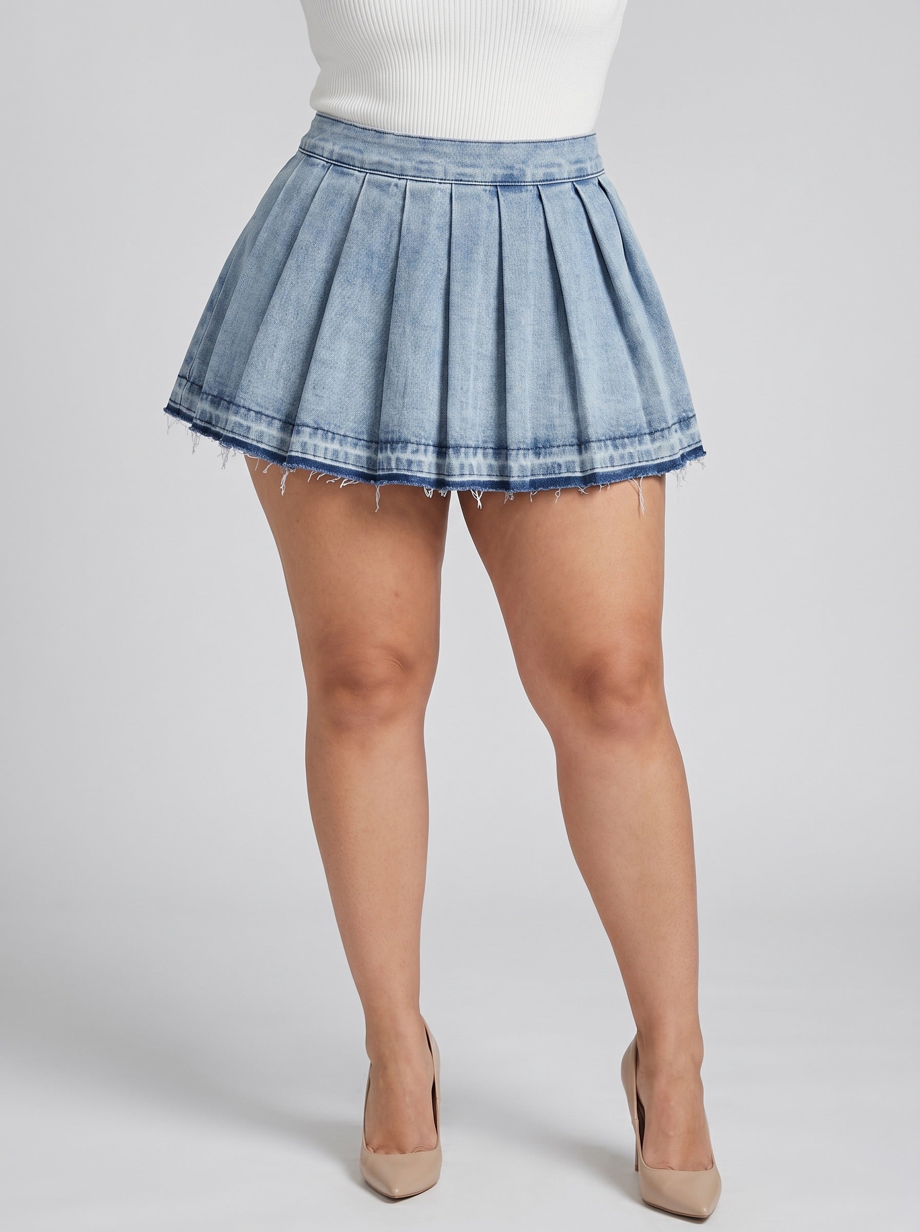 Pia Pleated Denim Mini Skirt on model