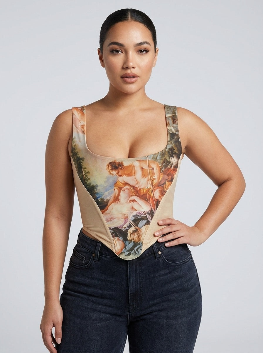 Pierina Renaissance Print Corset Top on model