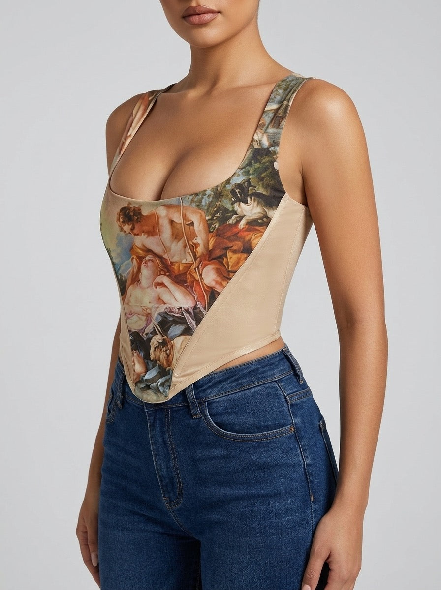 Pierina Renaissance Print Corset Top on model