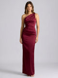 Rosita One-Shoulder Ruched Satin Maxi Dress on model