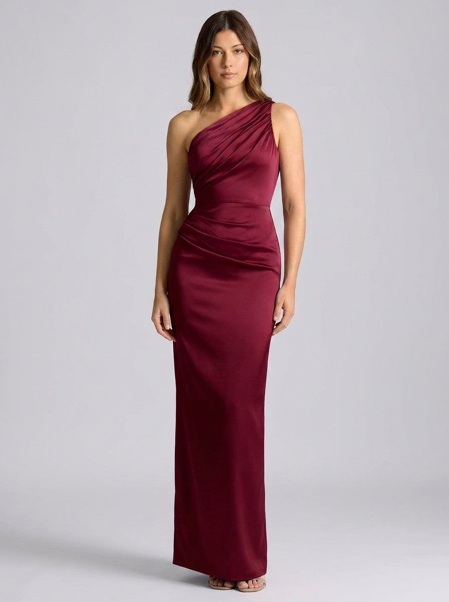 Rosita One-Shoulder Ruched Satin Maxi Dress on model