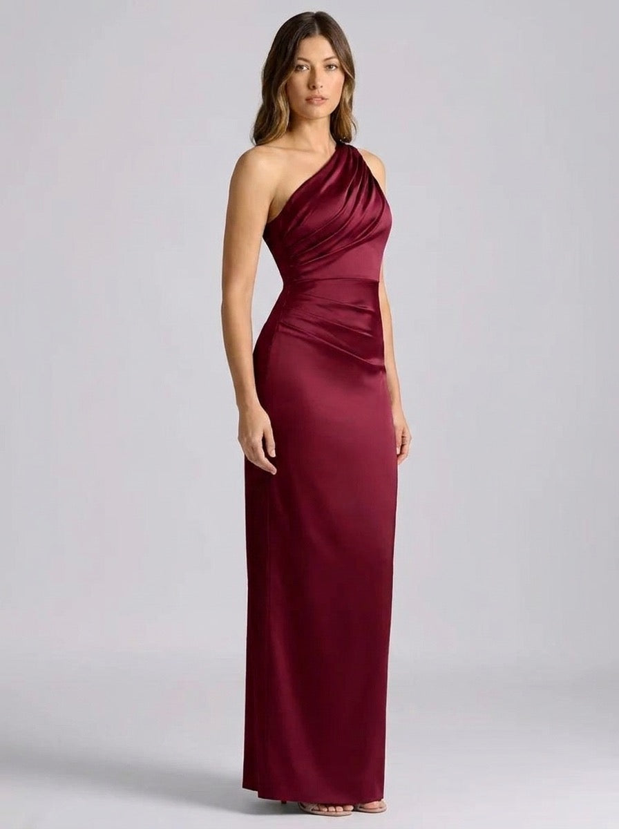 Rosita One-Shoulder Ruched Satin Maxi Dress on model