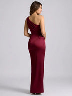 Rosita One-Shoulder Ruched Satin Maxi Dress on model