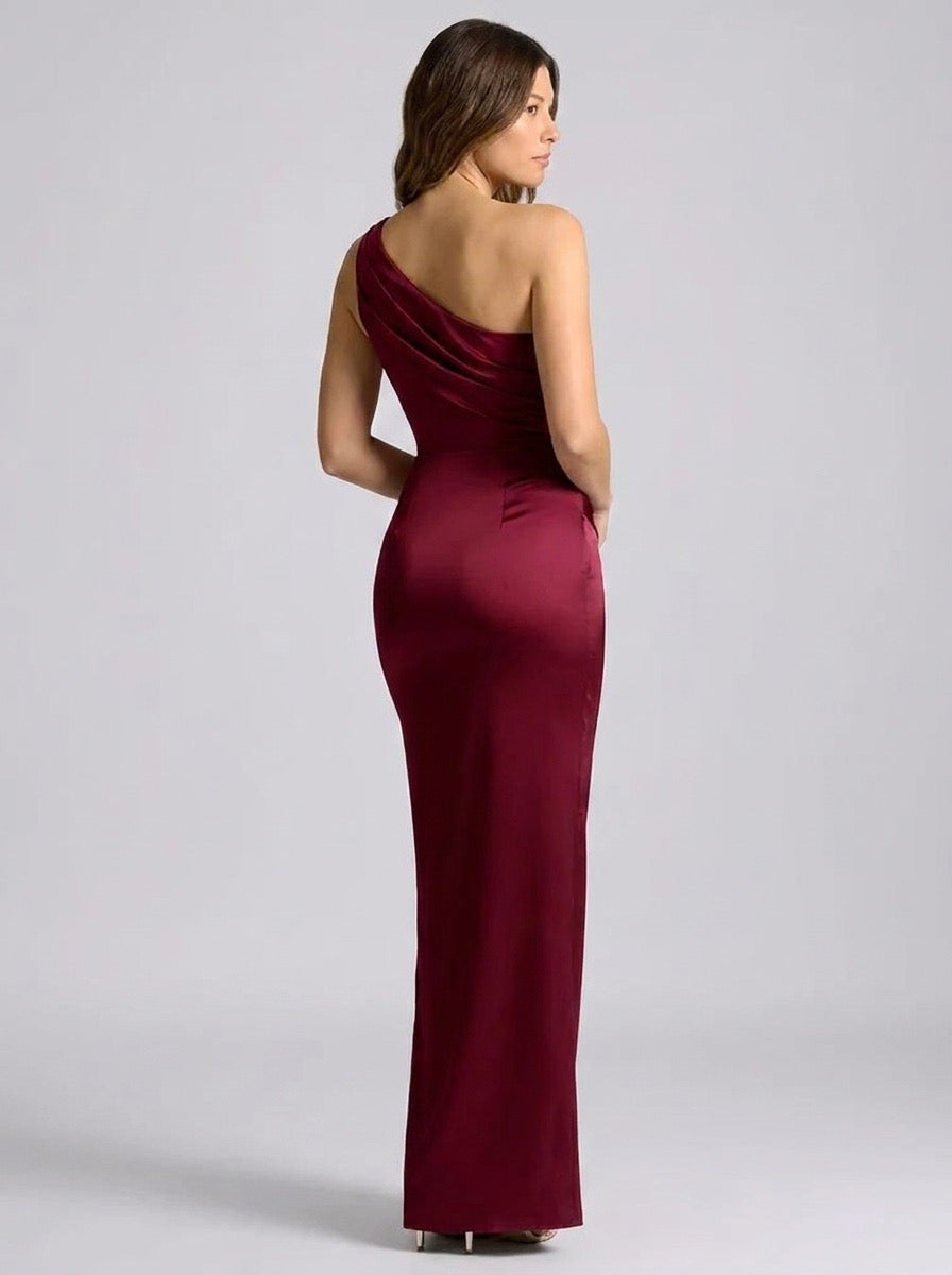 Rosita One-Shoulder Ruched Satin Maxi Dress on model