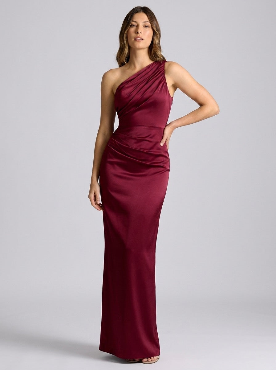 Rosita One-Shoulder Ruched Satin Maxi Dress on model