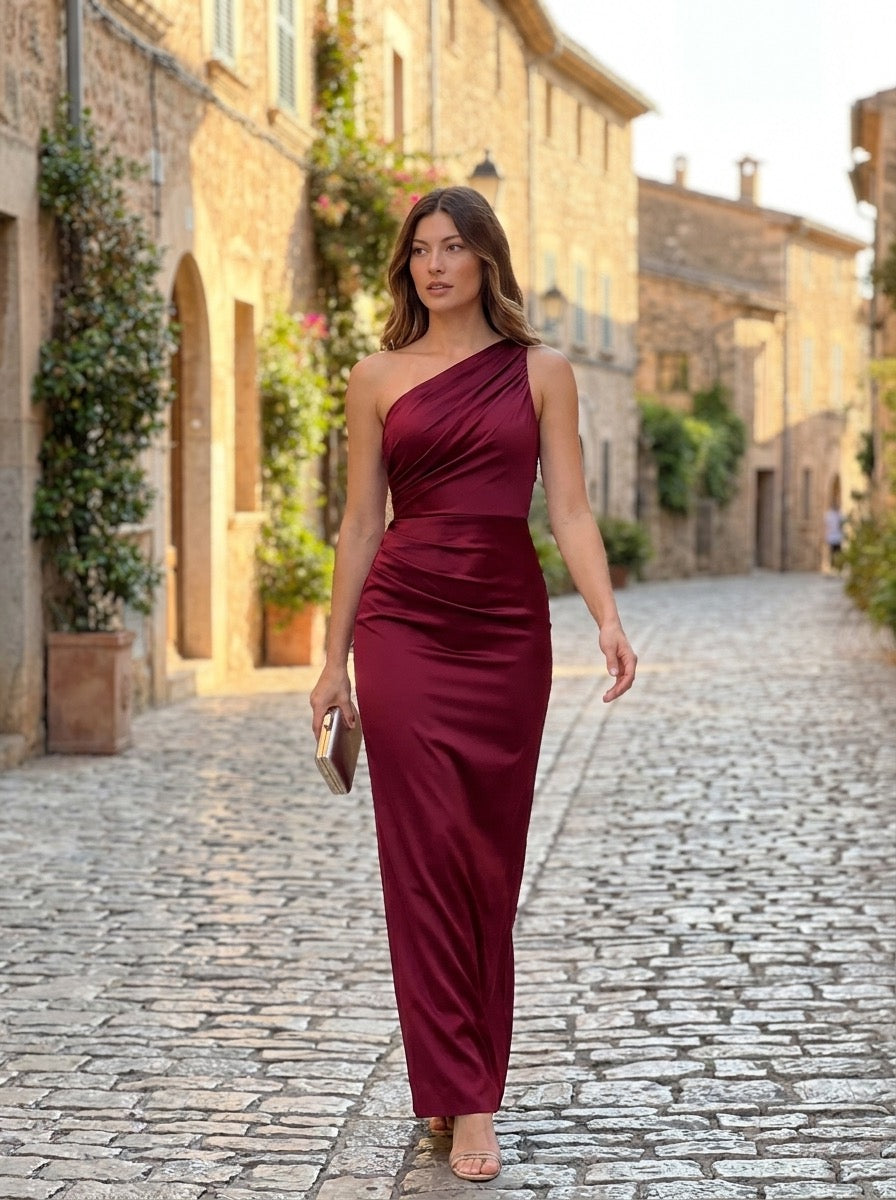 Rosita One-Shoulder Ruched Satin Maxi Dress on model