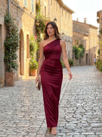 Rosita One-Shoulder Ruched Satin Maxi Dress on model