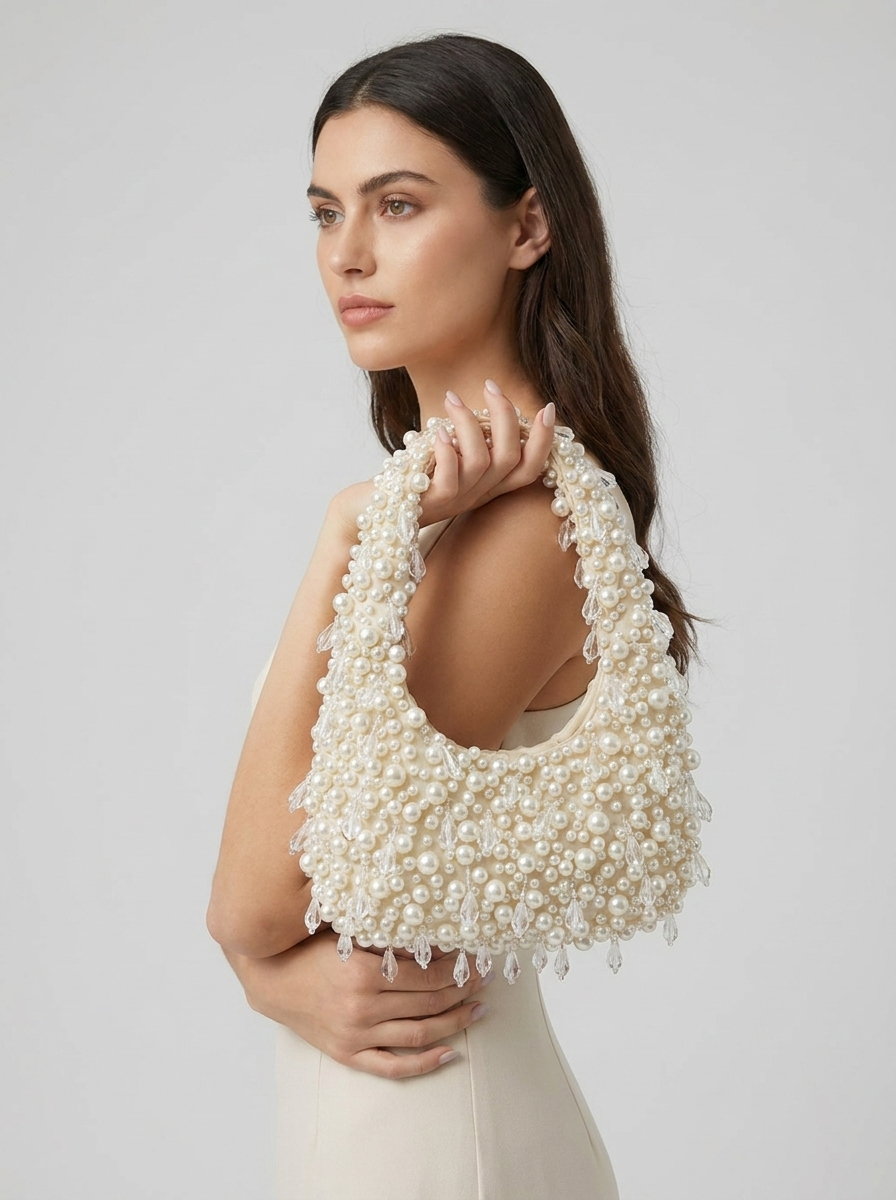 Priscilla Hand-Beaded Pearl Shoulder Bag on model