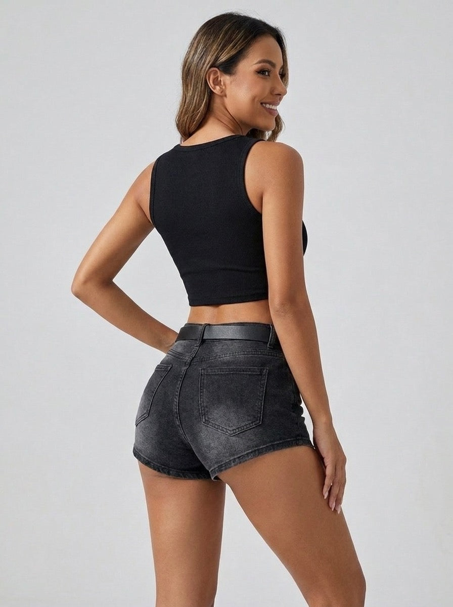 Procida Low-Rise Belted Denim Shorts on model
