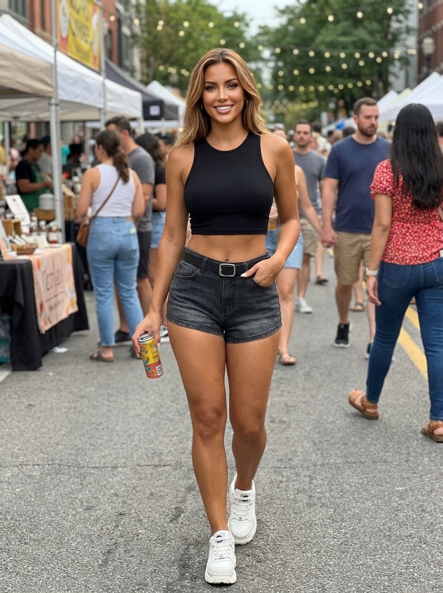 Procida Low-Rise Belted Denim Shorts on model