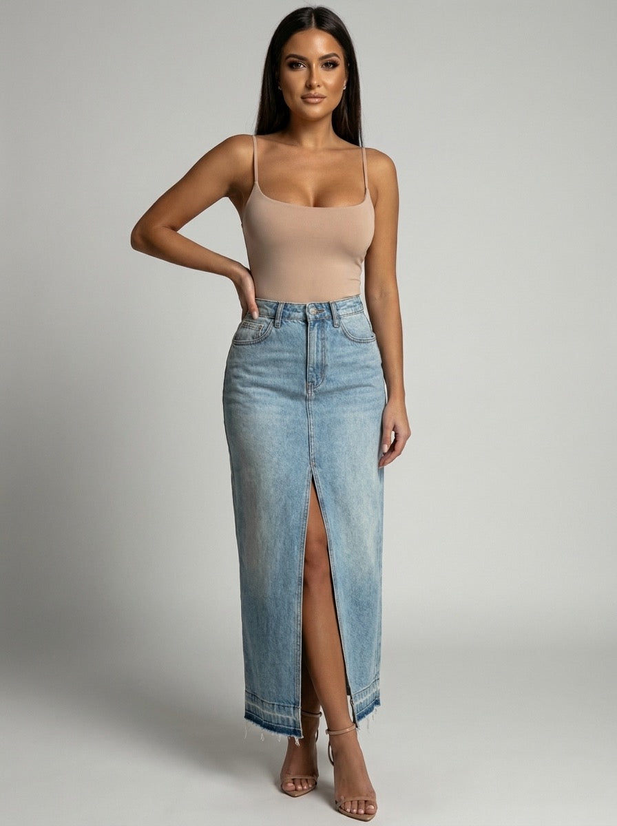 Brunilde High-Waist Slit Denim Maxi Skirt on model