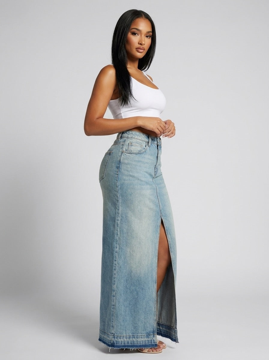 Brunilde High-Waist Slit Denim Maxi Skirt on model