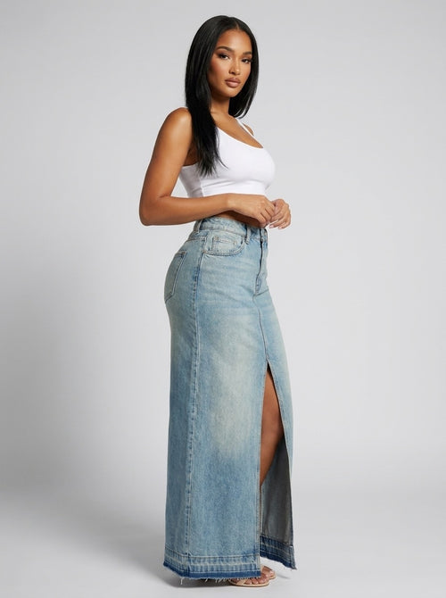 Brunilde High-Waist Slit Denim Maxi Skirt on model