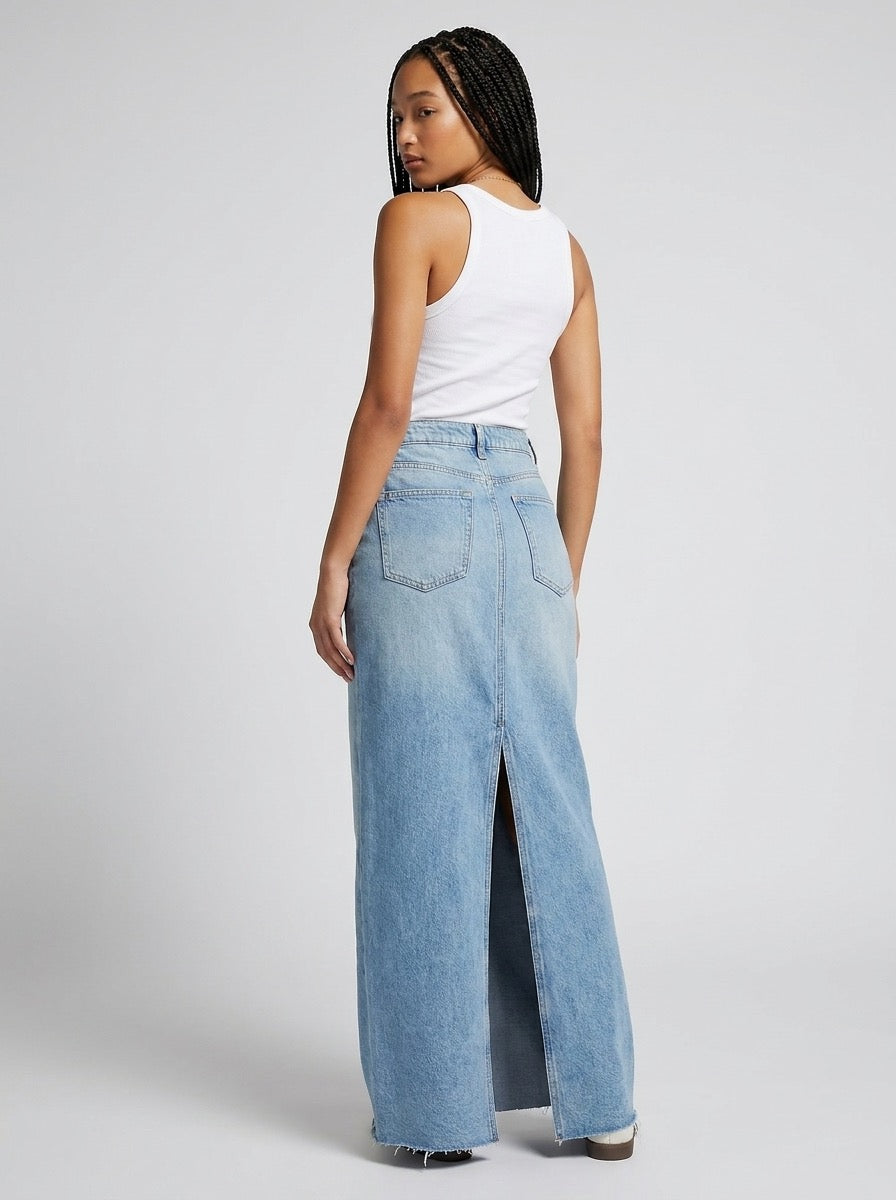 Brunilde High-Waist Slit Denim Maxi Skirt on model