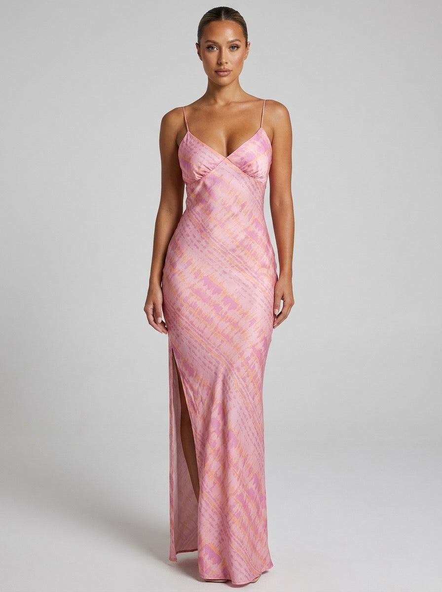 Rivella High-Slit Satin Maxi Skirt on model