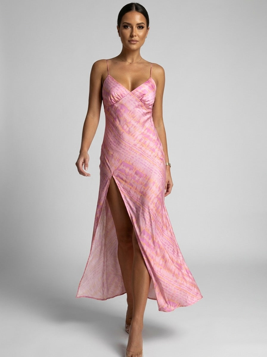 Rivella High-Slit Satin Maxi Skirt on model