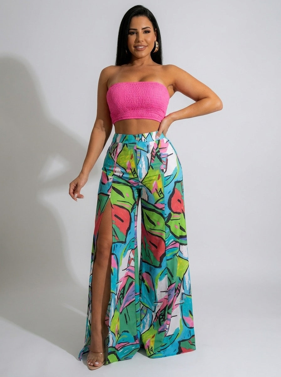 Riviana Tropical-Print Strapless Palazzo Set on model