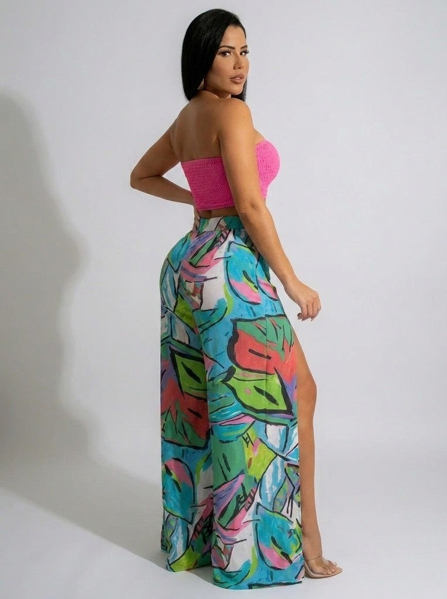 Riviana Tropical-Print Strapless Palazzo Set on model