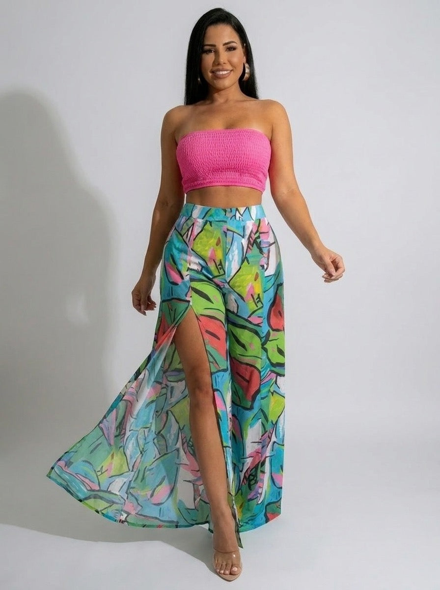 Riviana Tropical-Print Strapless Palazzo Set on model