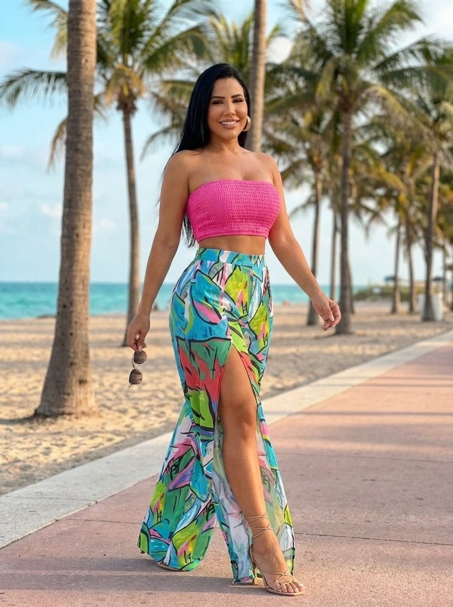 Riviana Tropical-Print Strapless Palazzo Set on model