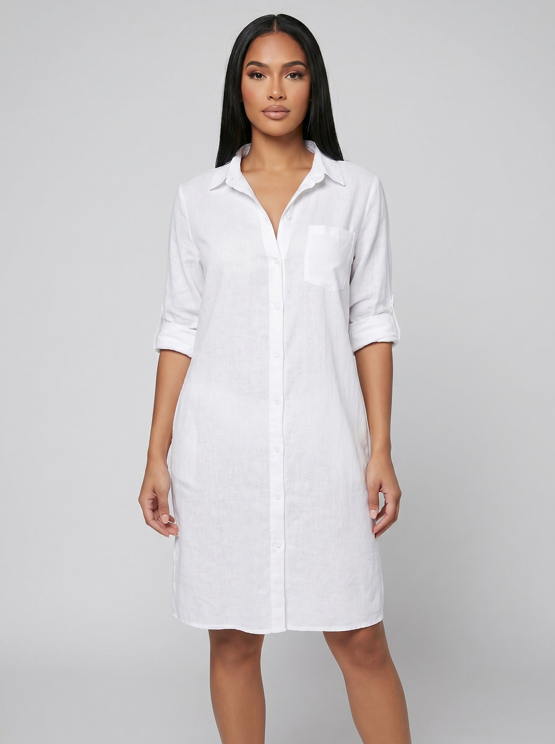 Riviera Linen Shirt Dress on model