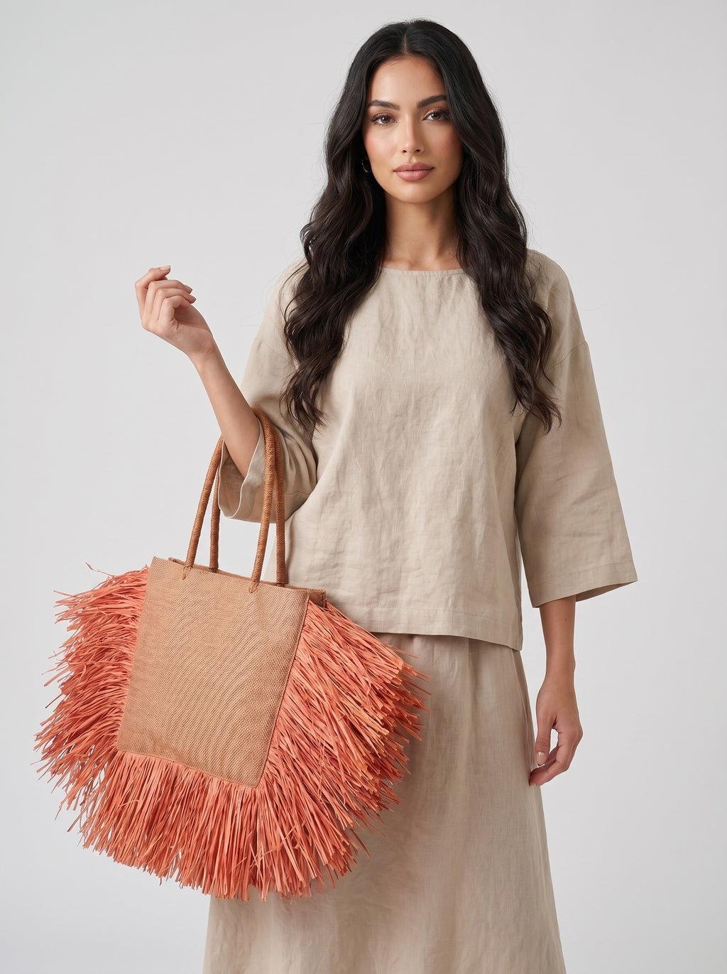 Riviera Raffia Beach Tote on model