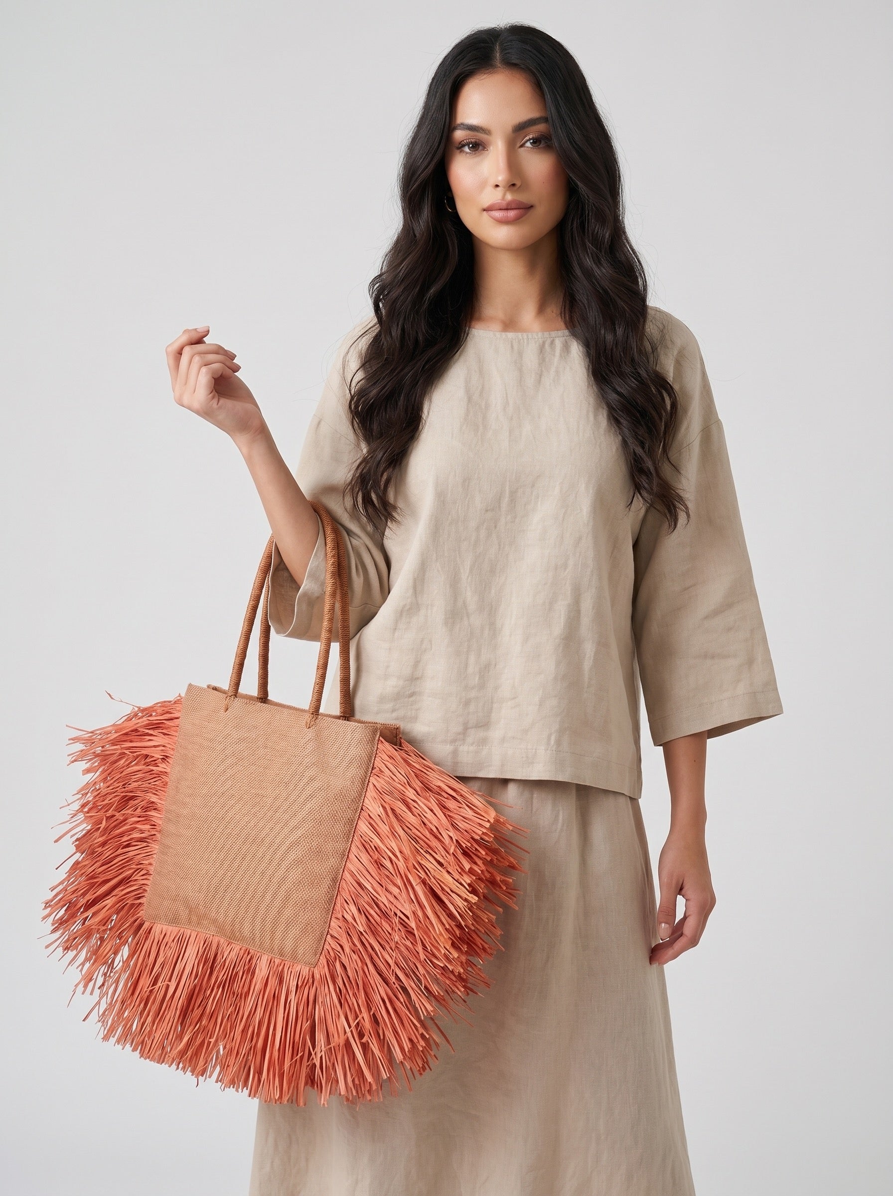 Riviera Raffia Beach Tote on model