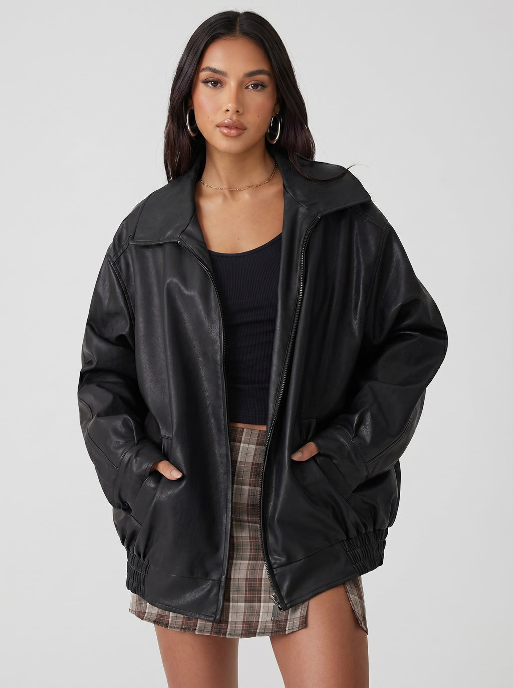 Roma Oversized Faux-Leather Bomber on model