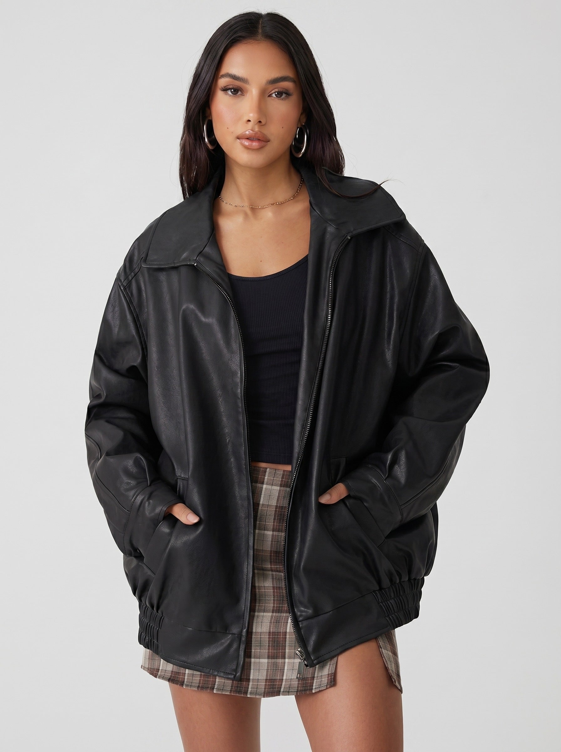 Roma Oversized Faux-Leather Bomber on model