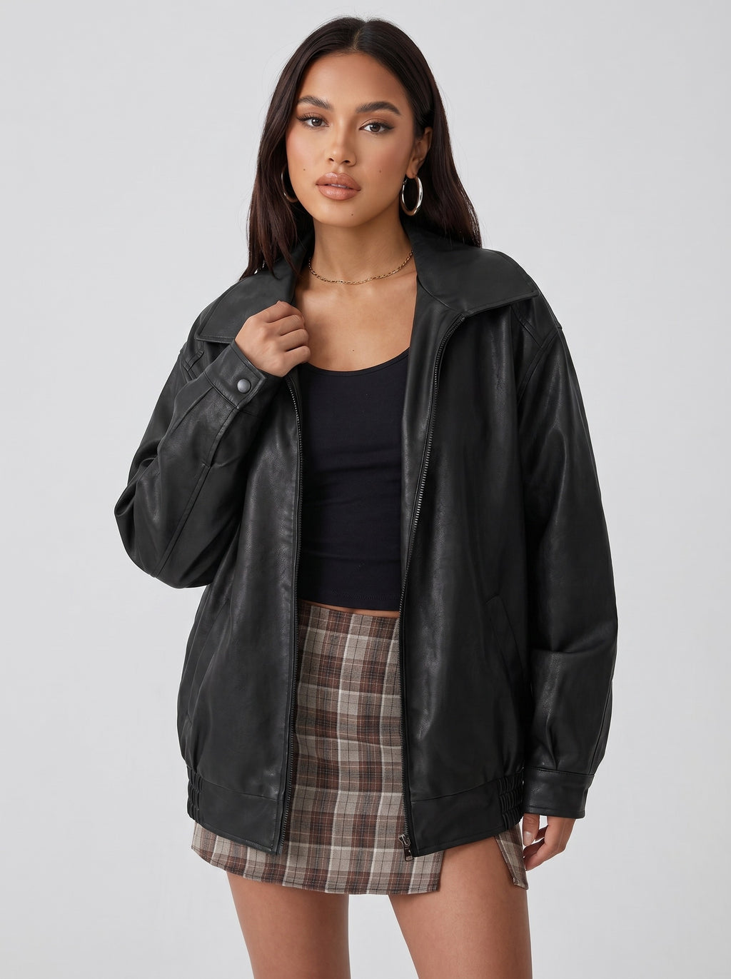 Roma Oversized Faux-Leather Bomber on model