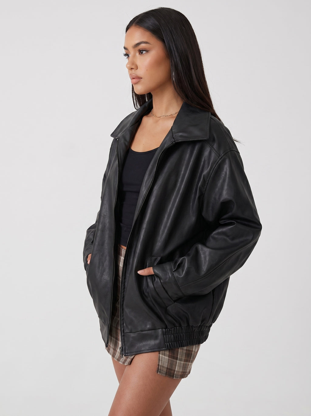 Roma Oversized Faux-Leather Bomber on model