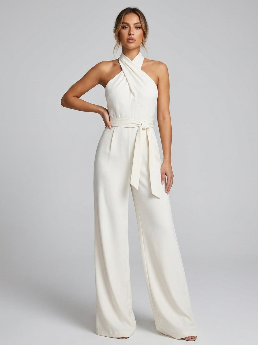 Romana Cross-Halter Belted Wide-Leg Jumpsuit on model