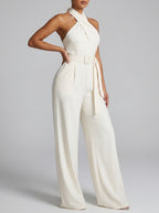 Romana Cross-Halter Belted Wide-Leg Jumpsuit on model