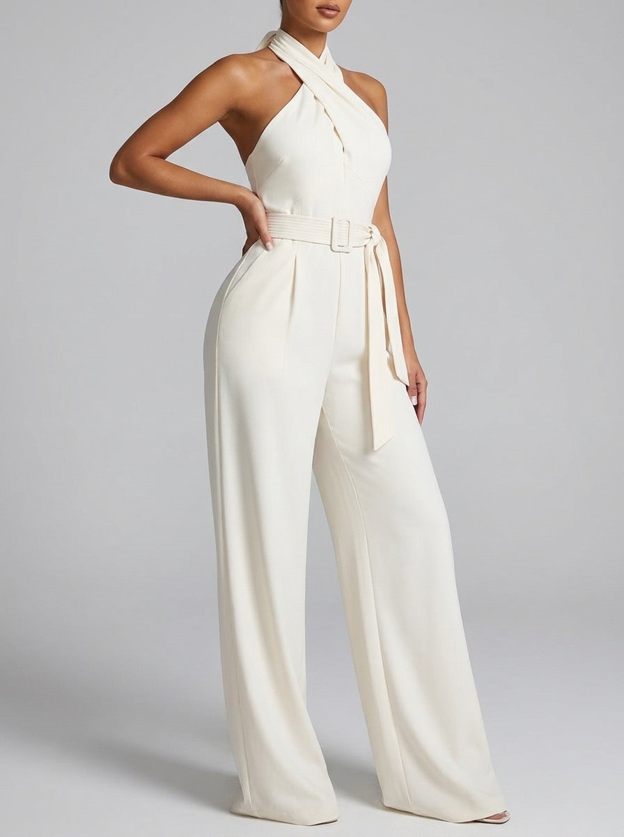 Romana Cross-Halter Belted Wide-Leg Jumpsuit on model